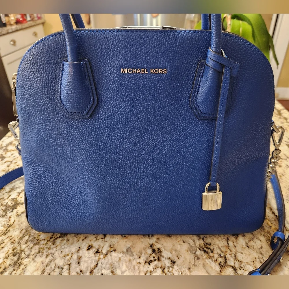 Michael Kors Purse, Mercer Leather Dome Satchel w/ Crossbody Bright Blue EUC